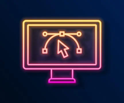 Glowing neon line Computer display with vector design program icon isolated.. Stock Illustration