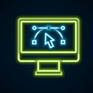 Glowing neon line Computer display with vector design program icon isolated.. Stockillustratie