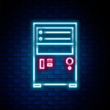 Glowing neon line Computer icon isolated on brick wall background. PC component Stock-Illustration