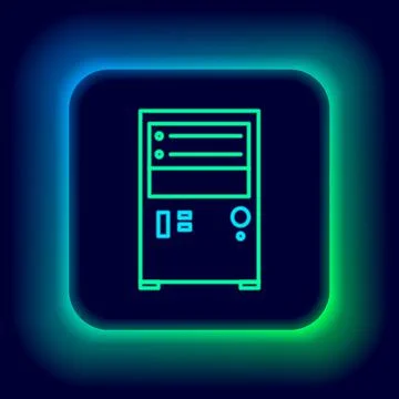 Glowing neon line Computer icon isolated on black background. PC component sign Stock-Illustration