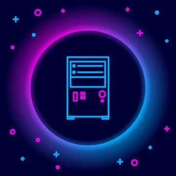 Glowing neon line Computer icon isolated on black background. PC component sign Stock Illustration