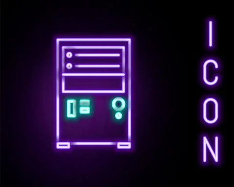 Glowing neon line Computer icon isolated on black background. PC component sign 스톡 일러스트