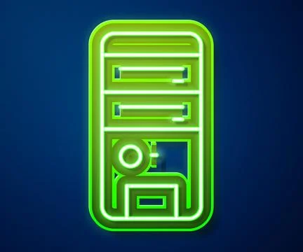 Glowing neon line Computer icon isolated on blue background. PC component sig Stock-Illustration