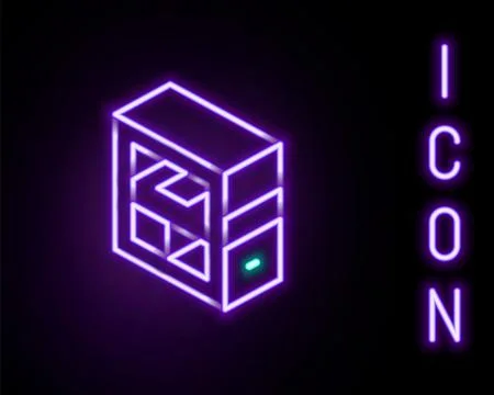 Glowing neon line Computer icon isolated on black background. PC component .. Stock-Illustration