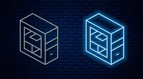 Glowing neon line Computer icon isolated on brick wall background. PC compo.. Illustrazione stock