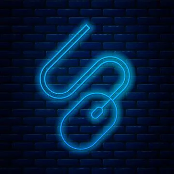 Glowing neon line Computer mouse icon isolated on brick wall background. Optical イラスト素材