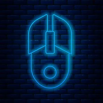 Glowing neon line Computer mouse icon isolated on brick wall background. Opti Stock Illustration