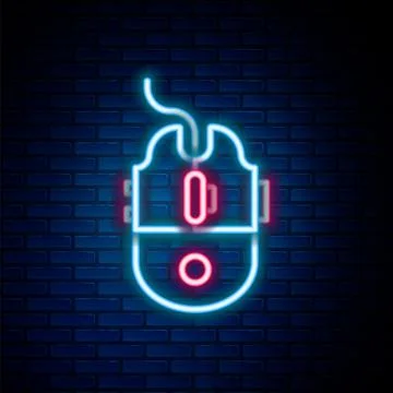 Glowing neon line Computer mouse gaming icon isolated on brick wall backgro.. Stock Illustration