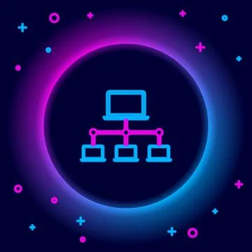 Glowing neon line Computer network icon isolated on black background. Laptop Stock Illustration