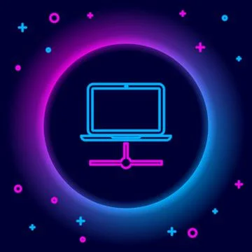 Glowing neon line Computer network icon isolated on black background. Laptop 스톡 일러스트