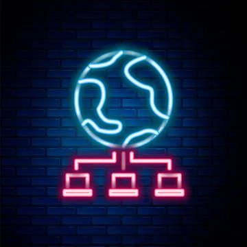 Glowing neon line Computer network icon isolated on brick wall background Stock Illustration