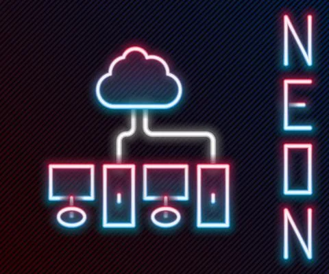 Glowing neon line Computer network icon isolated on black background. Laptop 스톡 일러스트