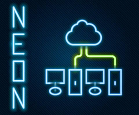 Glowing neon line Computer network icon isolated on black background. Laptop Illustrazione stock