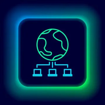 Glowing neon line Computer network icon isolated on black background. Online 스톡 일러스트