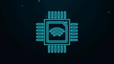 Glowing neon line Computer processor with microcircuits CPU icon isolated on Stock Footage 139657219