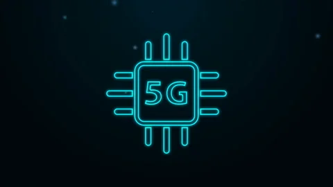 Glowing neon line Computer processor 5G with microcircuits CPU icon isolated on Stock Footage 139722012