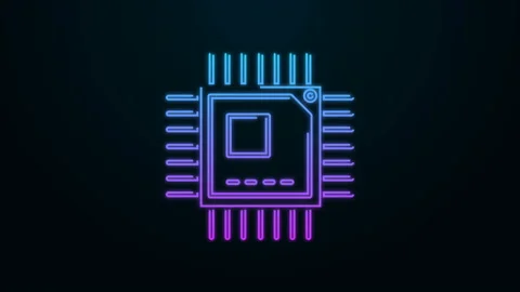 Glowing neon line Computer processor with microcircuits CPU icon isolated on Stock Footage 140077501