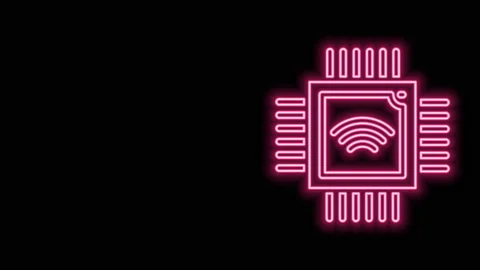 Glowing neon line Computer processor with microcircuits CPU icon isolated on Stock Footage 141159892