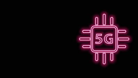 Glowing neon line Computer processor 5G with microcircuits CPU icon isolated on Stock Footage 141227591