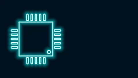 Glowing neon line Computer processor with microcircuits CPU icon isolated on Stock Footage 141828267
