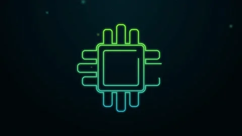 Glowing neon line Computer processor with microcircuits CPU icon isolated on Stock Footage 154740794