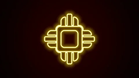 Glowing neon line Computer processor with microcircuits CPU icon isolated on Stock Footage 225889507