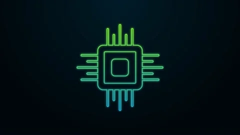 Glowing neon line Computer processor with microcircuits CPU icon isolated on Stock Footage 225893088