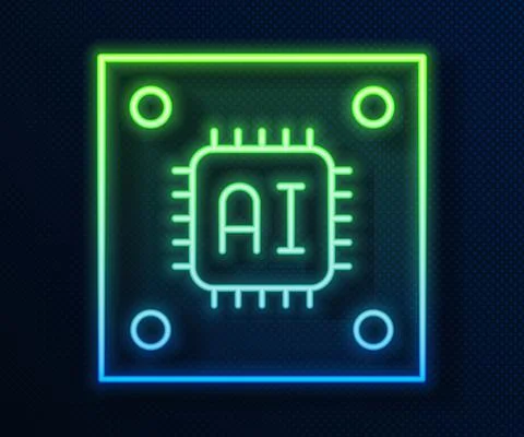 Glowing neon line Computer processor with microcircuits CPU icon isolated on Illustrazione stock