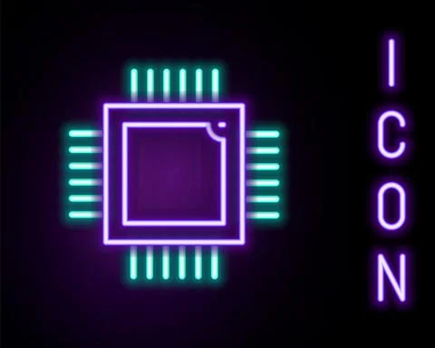 Glowing neon line Computer processor with microcircuits CPU icon isolated on イラスト素材
