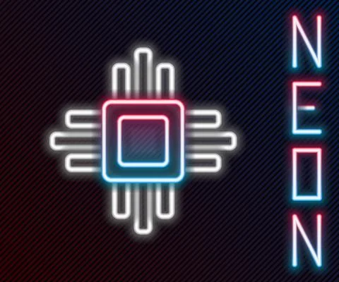 Glowing neon line Computer processor with microcircuits CPU icon isolated on Stock Illustration