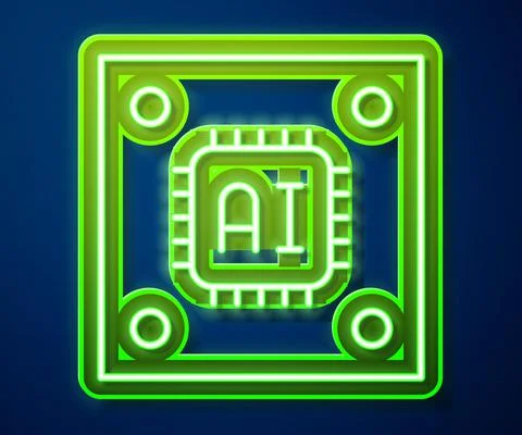 Glowing neon line Computer processor with microcircuits CPU icon isolated on Illustrazione stock