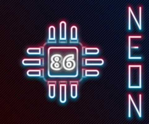 Glowing neon line Computer processor with microcircuits CPU icon isolated on Illustrazione stock