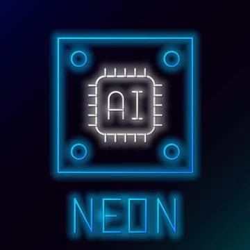 Glowing neon line Computer processor with microcircuits CPU icon isolated on Illustrazione stock