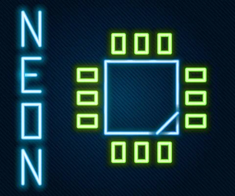 Glowing neon line Computer processor with microcircuits CPU icon isolated on Illustrazione stock