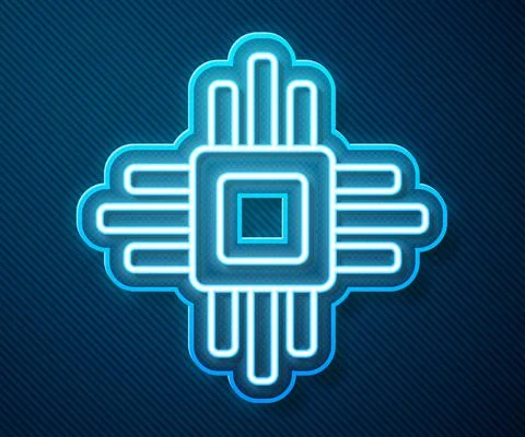 Glowing neon line Computer processor with microcircuits CPU icon isolated on Illustrazione stock