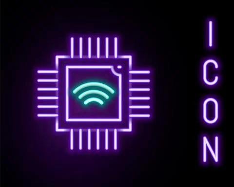 Glowing neon line Computer processor with microcircuits CPU icon isolated on Stock Illustration