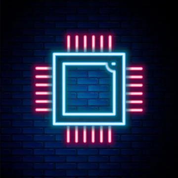 Glowing neon line Computer processor with microcircuits CPU icon isolated on Stock Illustration