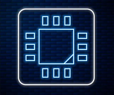 Glowing neon line Computer processor with microcircuits CPU icon isolated on Stock Illustration