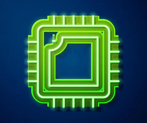 Glowing neon line Computer processor with microcircuits CPU icon isolated on Illustrazione stock