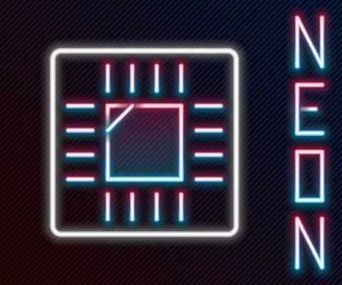 Glowing neon line Computer processor with microcircuits CPU icon isolated on Illustrazione stock