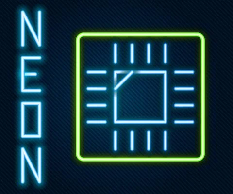 Glowing neon line Computer processor with microcircuits CPU icon isolated on Illustrazione stock