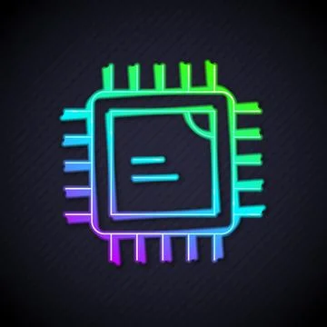 Glowing neon line Computer processor with microcircuits CPU icon isolated on Stock Illustration
