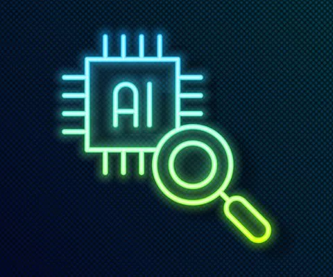 Glowing neon line Computer processor with microcircuits CPU icon isolated on Stock Illustration