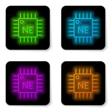 Glowing neon line Computer processor with microcircuits CPU icon isolated on Illustrazione stock