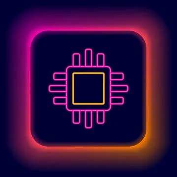 Glowing neon line Computer processor with microcircuits CPU icon isolated on Illustrazione stock
