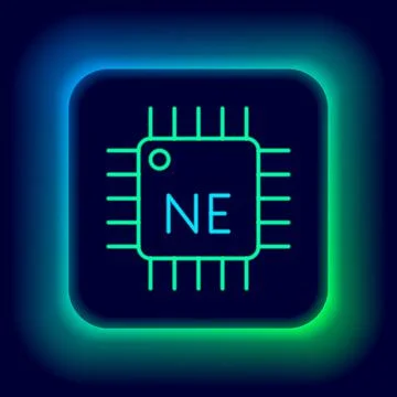 Glowing neon line Computer processor with microcircuits CPU icon isolated on Illustrazione stock