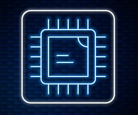 Glowing neon line Computer processor with microcircuits CPU icon isolated on Stock Illustration