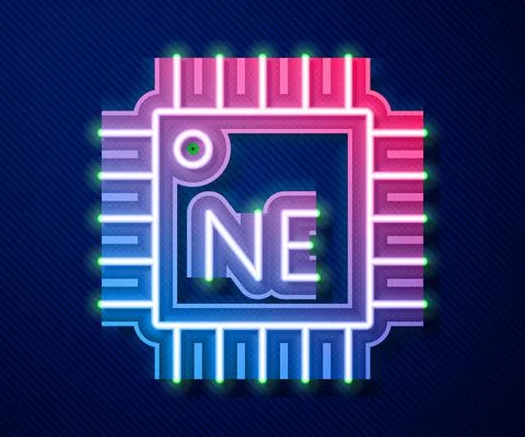 Glowing neon line Computer processor with microcircuits CPU icon isolated on Stock Illustration