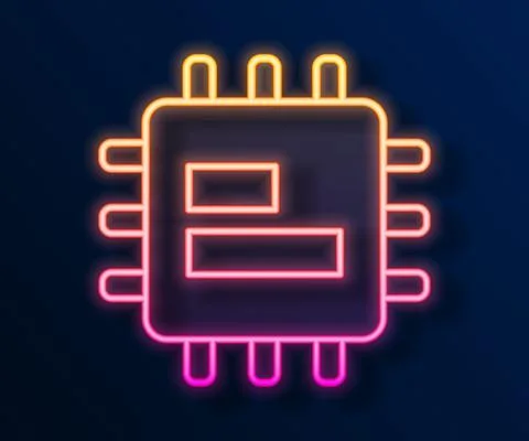 Glowing neon line Computer processor with microcircuits CPU icon isolated on Illustrazione stock
