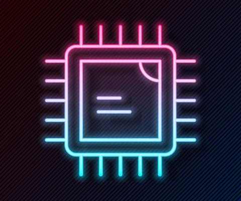 Glowing neon line Computer processor with microcircuits CPU icon isolated on Illustrazione stock